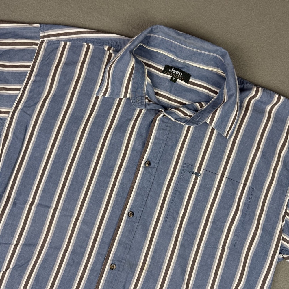 JEEP Mens Short Sleeve‎ Button Up Shirt Size XL 100% Cotton Top Blue Stripes